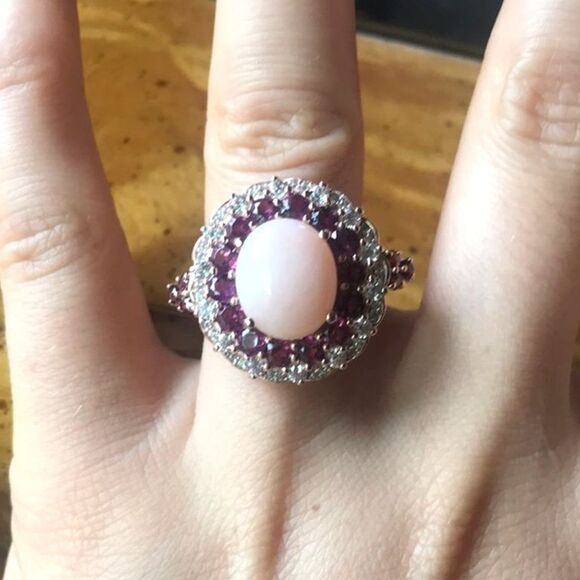 Peruvian Pink Opal Garnet Sterling Silver Cocktail Ring Size 8 - Picture 1 of 8